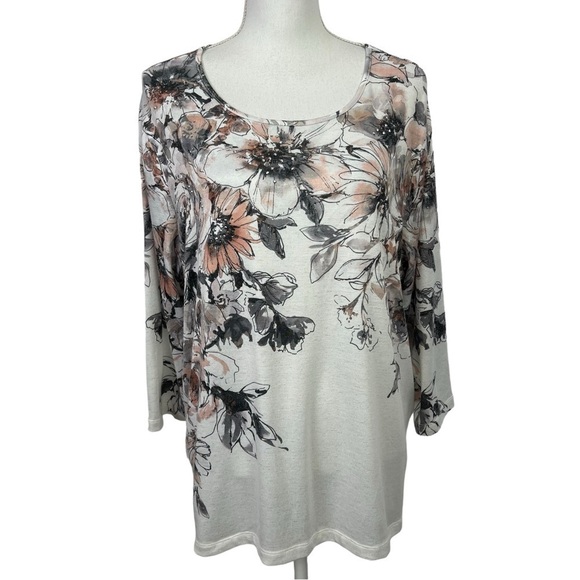Alfred Dunner Women’s Pullover Top Sz 1X Multi Color Floral  3/4 Sleeves Bling - Picture 1 of 11